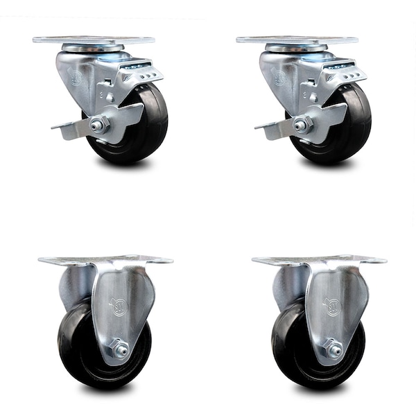 3 Inch Hard Rubber Wheel Swivel Top Plate Caster Set with 2 Brake 2 Rigid SCC